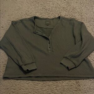 Aerie Olive Green Ribbed Henley Sweatshirt